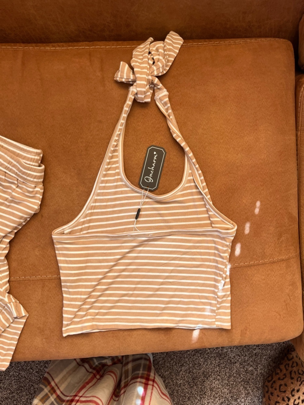 Boutique Tan/White Striped Lounge Set / Pants and Halter top NEW WITH TAGS - Picture 4 of 8